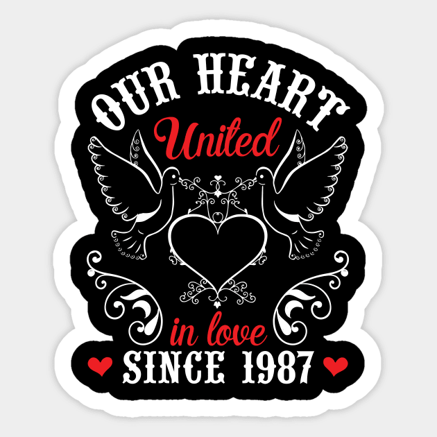 Husband Wife Our Heart United In Love Since 1987 Happy Wedding Married 33 Years Anniversary Sticker by joandraelliot